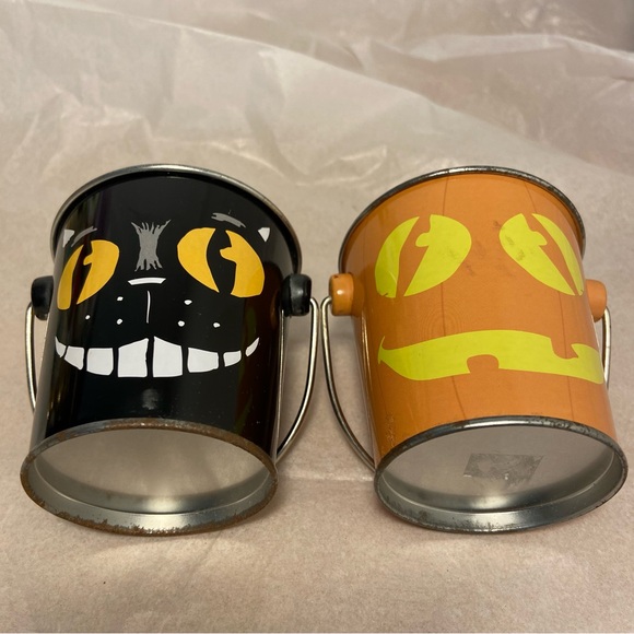 Vintage Halloween Buckets 2 mini pail Black Cat Jack O Lantern pumpkin face 90s - Picture 4 of 16
